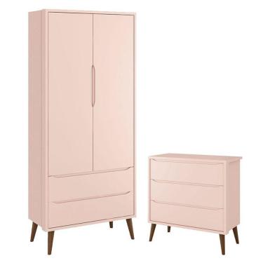 Imagem de Guarda Roupa Infantil 2 Portas E Cômoda Gaveteiro Theo Rosa Com Pés Amadeirados - Reller