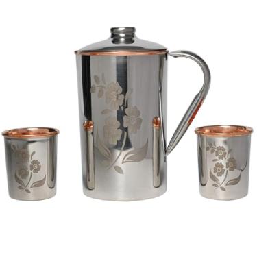 Imagem de Jarra de água de aço inoxidável e cobre puro com 2 copos (1,7 L/1,699 ml) | Padrão floral | Benefícios ayurvédicos para a saúde, conjunto de jarro de aço cobre feito à mão para casa e presente