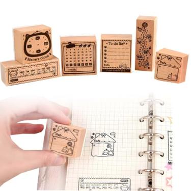 Imagem de 6 carimbos de planejador DIY com estampa de gato fofo – conjunto de carimbos de madeira para diário, lista de tarefas, álbuns de recortes e cartões