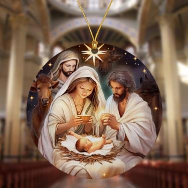 Imagem de Ornamentos redondos de acrílico para pendurar em árvore de Natal, presentes de nascimento de Jesus para cristãos