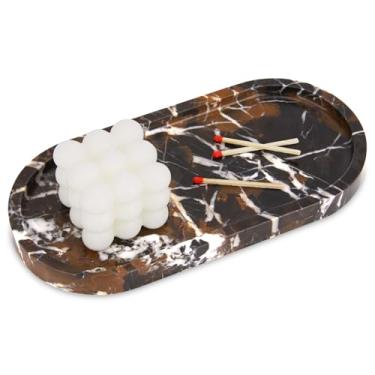 Imagem de Bandeja oval de mármore para banheiro, bandeja de mesa de banheiro de mármore natural de luxo, bandeja decorativa de bancada de pedra para joias de perfume de café (ouro preto, 25,4 cm x 12,7 cm x 1,5