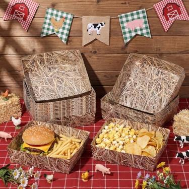 Imagem de Uiifan 36 bandejas de papel de festa de palha para alimentos de 2,3 kg de feno agrícola grandes bandejas descartáveis para servir lanches para madeira cortada de lenhador, acampamento, fardos de feno