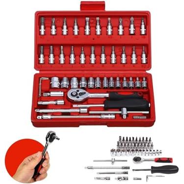 Imagem de Kit de Ferramentas 46 Peças com Chave Catraca – Kit de Soquetes 6,35 mm, Bits, Extensor e Estojo – Conjunto Profissional para Reparos Automotivos, Domésticos, Bicicletas e Manutenção Geral. Completo!