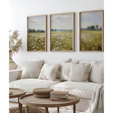 Imagem de Arte de parede de paisagem de flores silvestres vintage 3 peças de pôster de campo de flores silvestres paisagismo impressão de fazenda pintura em tela para sala de estar decoração de casa com moldura