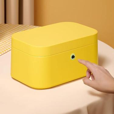 Imagem de Caixa de joias de impressão digital azul premium - Organizador de camada dupla elegante com interior espaçoso para anéis, colares e brincos - Solução de armazenamento segura e colorida (amarelo)