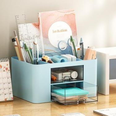 Imagem de Organizador de canetas com 2 gavetas, suporte multifuncional para mesa, organizadores de mesa e acessórios com 5 compartimentos + gaveta para materiais de arte de escritório (azul)