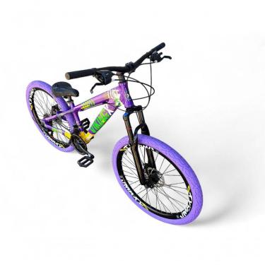 Imagem de Bicicleta Aro 26 Vikingx Tuff X25 Freeride Câmbios Shimano 21v Freio A Disco Aros Vmaxx Pneu Flame - Roxo/amarelo/verde