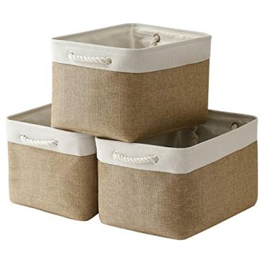 Imagem de TheWarmHome Cesta de organização e armazenamento de tecido em cubo para presentes vazia – 40,6 cm C x 30,4 cm L x 30,4 cm A, cestas dobráveis para organizador de armário, pacote com 3 (branco e cáqui)