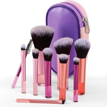 Imagem de Kit de Pincéis de Maquiagem, 10 Peças em Rosa e Roxo, com Estojo Portátil, para Olhos e Rosto Para Viagem Cerdas Macias Mini Pincéis Para Base, Blush, Pó, Sombras e Corretivo, Portátil e Multifuncional