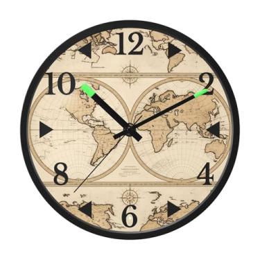Imagem de STAYTOP Relógio de parede de LED com mapa retrô para quarto com brilho noturno, relógios de parede silenciosos de 30 cm para decoração de sala de estar, controle de som, relógio de parede moderno que