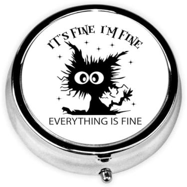 Imagem de Caixa de comprimidos I'm Fine Cat com 3 compartimentos, estojo pequeno para comprimidos, portátil para bolso ou bolsa, organizador de comprimidos com espelho para guardar vitaminas, medicamentos, óleo