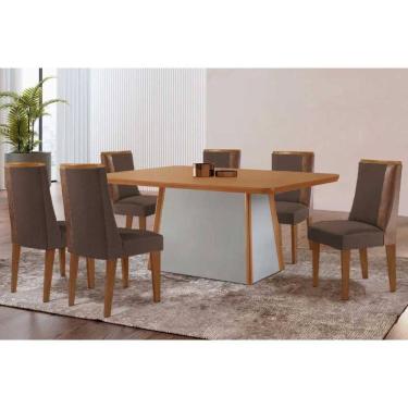 Imagem de Mesa Cozinha Tilia c/ Tampo Madeirado Canto Curvo 180x90cm e 6 Cadeiras Tilia Madeira Maciça Naturale/Off White - Capuccino/Suede Marrom-Rufato