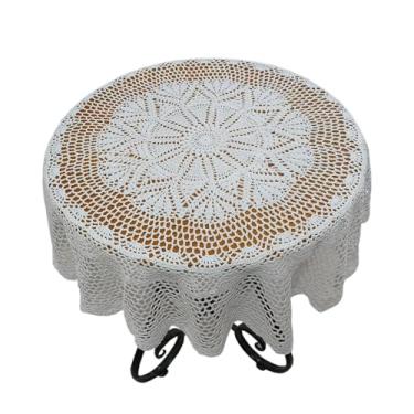 Imagem de USTIDE Toalha de mesa redonda branca de crochê feita à mão, 109 cm, elegante capa de mesa de jantar de renda para mesa de fazenda, decoração de festa de casamento, jantar formal e reunião de férias