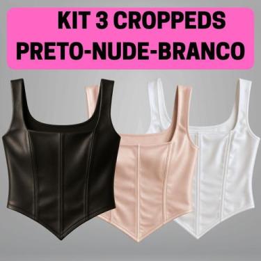Imagem de Kit 3 Cropped Corselet Cintilante V com Alças Dazy - Preto Branco e Nu