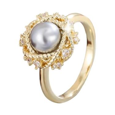 Imagem de Anel Elegante Feminino Com Pérola Imitada E Zircônia Para Festas E Cas