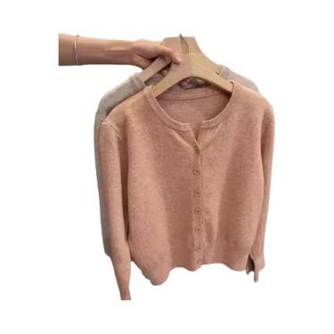 Imagem de Suéter Feminino De Cashmere Curto Em Tricô Com Gola Redonda, Quente E 