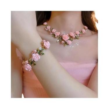 Imagem de Conjunto De Joias Românticas Femininas Com Rosa, Colar, Pulseira E Bri