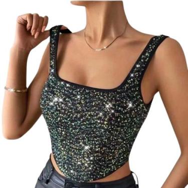 Imagem de Blusa Cropped Feminino Com Paetê Brilho Festa Balada Decote - Madame O