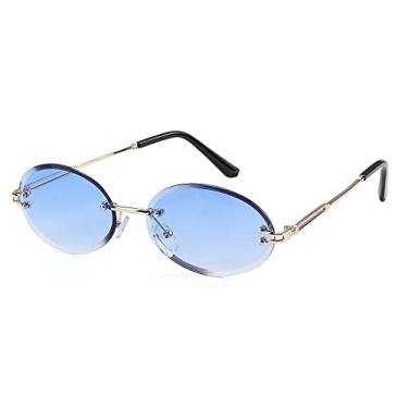 Imagem de Óculos de sol femininos sem moldura ovais com lente de corte de diamante vintage óculos de sol ovais vintage óculos de sol UV400, C02, MULTI