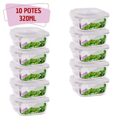 Imagem de Kit 10 Pote Tampa Hermetica Quadrado de Vidro 320ml Alimento