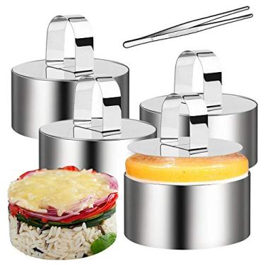 Imagem de Gutsdoor Pacote com 4 anéis de apresentação de alimentos de aço inoxidável para bolo, pequenos anéis de cozimento redondos para pastelaria, bolo, mousse, panqueca – 4 empurradores + 1 pinça, 8 cm de diâmetro