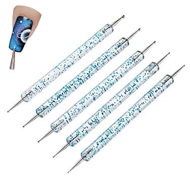 Imagem de Caneta de pontilhamento de arte de unhas acrílicas pintura de manicure UV ferramenta de gel 2 maneiras caneta de gravação de cabeça dupla com alça de glitter para salão DIY 5 peças, azul, 13 cm