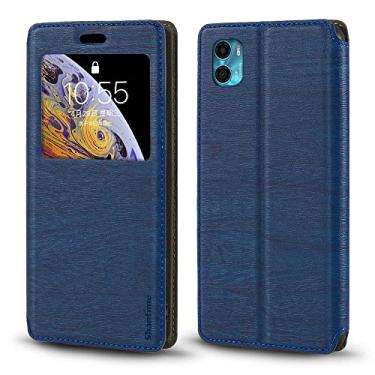 Imagem de Capa para Motorola Moto E32 4G India, capa de couro de grão de madeira com suporte de cartão e janela, capa flip magnética para Motorola Moto E32 4G India (6,5 polegadas) azul