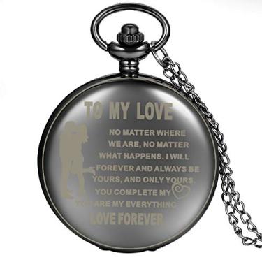 Imagem de Relógio de bolso preto para homens e mulheres personalizado "to My Love, Love Forever" para casais amantes dele e dela Fob Relógio de bolso grandes marcadores árabes com corrente, A
