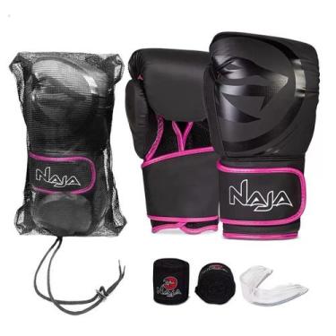 Imagem de Kit Luva De Boxe Muay Thai - Naja Black Preto/Rosa + Bandagem + Bucal