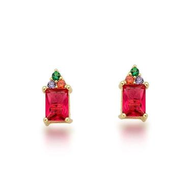 Imagem de Brinco Ponto De Luz Colorido Banhado A Ouro 18k Vermelho Com Colorido
