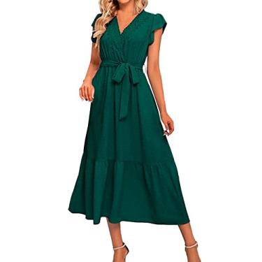 Imagem de Vestidos maxi femininos 2023 casual cor sólida com decote em v rendas até vestido boho vestido de verão vestidos tamanhos grandes (Z1-Green, S)