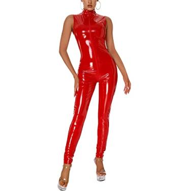 Imagem de Panegy Macacão feminino de couro com malha frontal de malha metálica com correntes, Vermelho sem mangas, GG