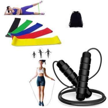 Imagem de Kit Corda De Pular Ajustável Speed Rope Com Rolamento e Cabo De Aço + 5 Mini Bands Faixa Elastica Para Exercícios de Academia, Fisioterapia