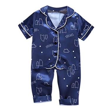 Imagem de CsgrFagr Conjunto de pijama infantil ink cetim Silk Easter Bunny Long Top e calça comprida 2 peças pijama conjunto de botões, Azul-marinho - 4, 4-5 Anos