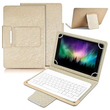 Imagem de DETUOSI Capa universal para teclado tablet de 10,1 polegadas, teclado removível sem fio Bluetooth + capa de couro PU fólio + suporte, capa de viagem portátil PU para tablet iOS/Android/Windows 9,6 a 10,5 polegadas #Gold