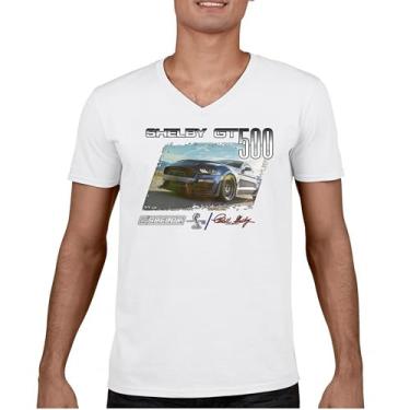 Imagem de Camiseta Shelby GT500 gola V assinatura Mustang Racing Cobra GT 500 Muscle Car Performance Powered by Ford Tee 2022, Branco, M