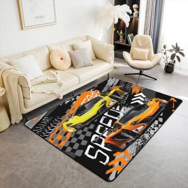 Imagem de Tapete de área de carro de corrida amarelo 3x5 crianças carro de corrida tapete decorativo para meninos meninas adolescentes carro esportivo velocidade tapetes sala de estar esportes radicais tapete interior decoração de quarto tapete de destaque