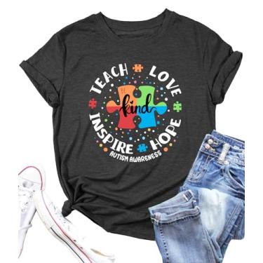 Imagem de Camisetas femininas Autism Awareness Teacher Be Kind Teach Hope Love Inspire Graphic Tops, Cinza, M