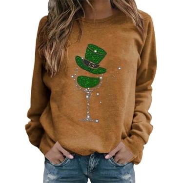 Imagem de Moletom feminino St Patricks Day manga longa verde Lucky Shamrock camisas modernas gola redonda básica, Caqui, GG