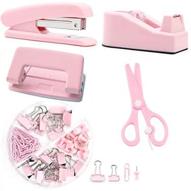 Imagem de Conjunto de material de escritório, acessórios de mesa, grampo, suporte de fita, furador de 2 furos, tesoura, clipes de fichário, clipes de papel para estudantes de escritório (conjunto rosa)