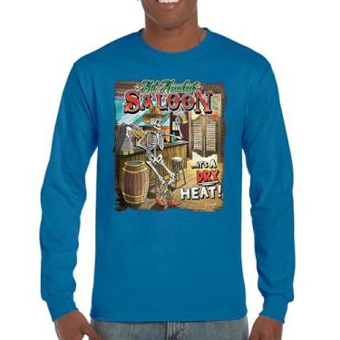 Imagem de Camiseta de manga comprida Hot Headed Saloon But its a Dry Heat Funny Skeleton Biker Beer Drinking Cowboy Skull Southwest, Azul, M