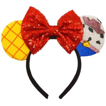 Imagem de ZHENNAN A Mouse Ears tiaras de cabelo para mulheres meninas com glitter vermelho chapéu fofo laço amadeirado orelhas faixas de cabelo Disneyland Toy Story