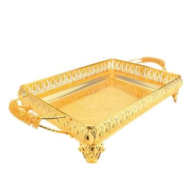 Imagem de Bandeja de Servir Decorativa, Bandeja de Servir de Metal Estilo Europeu Dourado Com Alças, Bandeja Retangular para Servir Bebidas de chá de café, Bandeja de Servir Bandejas de Bolo