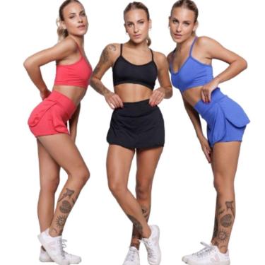 Imagem de KIT 3 Conjunto Top Alça Fina E Short Saia Serra e Mar Roupa Para Academia Treino Moda Fitness-Feminino