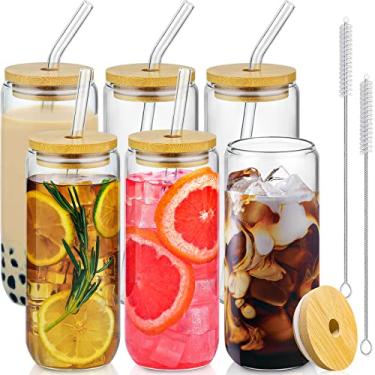 Imagem de SENTVEND Copos de bebida de 590 ml com tampas de bambu e canudo de vidro - 6 peças de copos de vidro, copos de café e gelo, copo bonito e estético, ótimo para cafés, acessórios incluem 2 escovas de