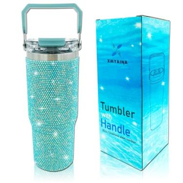 Imagem de Copo cravejado de strass brilhante de 850 g com alça superior e tampa à prova de vazamento, garrafa de água de cristal com glitter de aço inoxidável isolado a vácuo com canudo dobrável copo