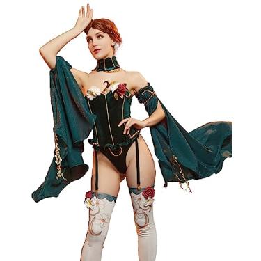 Imagem de Mobbunny Body feminino medieval de peça única com meias e mangas de tule macacão de veludo collant macacão cosplay, Verde, Small