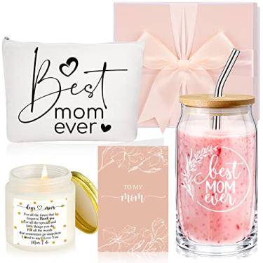 Imagem de Nuanchu Conjunto de 5 peças Best Mom Gifts Set Mother in Law Copo de vidro com tampas de bambu e saco de maquiagem de palha, velas perfumadas, cartão de felicitações, caixa de presente de dia das mães para mãe da filha e filho (para mãe)