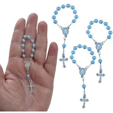 Imagem de Conjunto de 20 Mini Terços com Contas de Pérolas Plásticas de 5mm e Detalhes Prateados, Ideal para Lembrancinhas de Batizado, Casamento e Nascimento (Azul Claro)