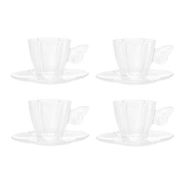 Imagem de Cj 4 Xícaras P/Chá C/Pires de Vidro Borboletas Transparente 180ml Wolff